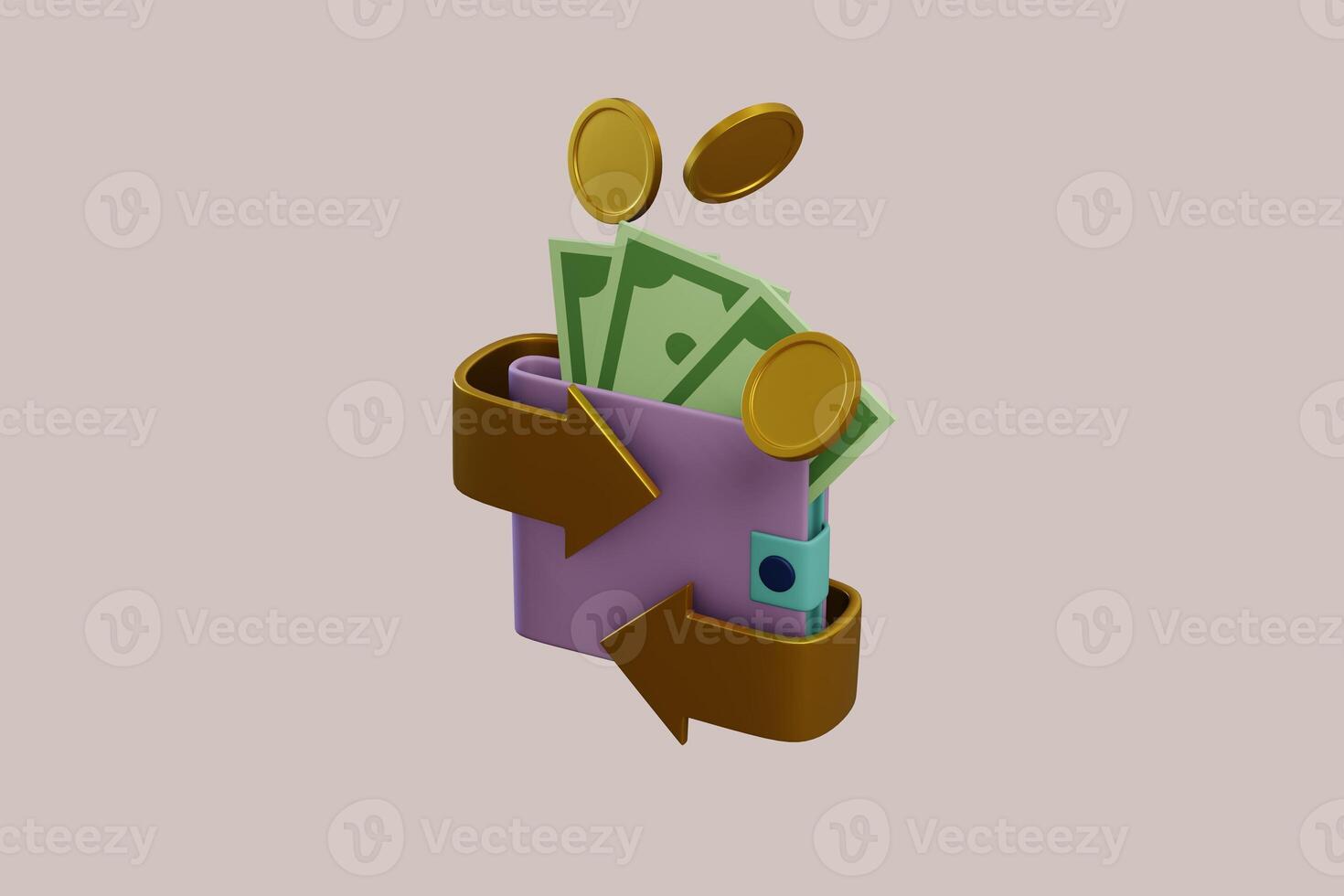 3d portemonnee concept. geld tas, munten stack en bankbiljetten. 3d geven illustratie foto