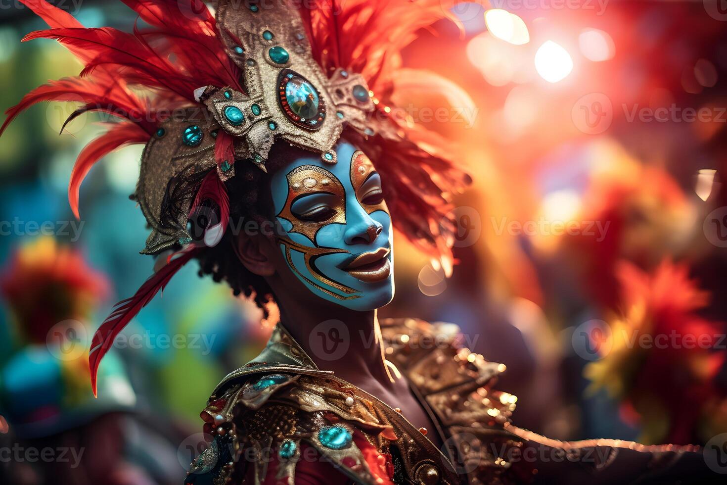 ai gegenereerd mooi detailopname portret van jong Mens in traditioneel samba dans kleding en bedenken voor de braziliaans carnaval. Rio de Janeiro festival in Brazilië. foto