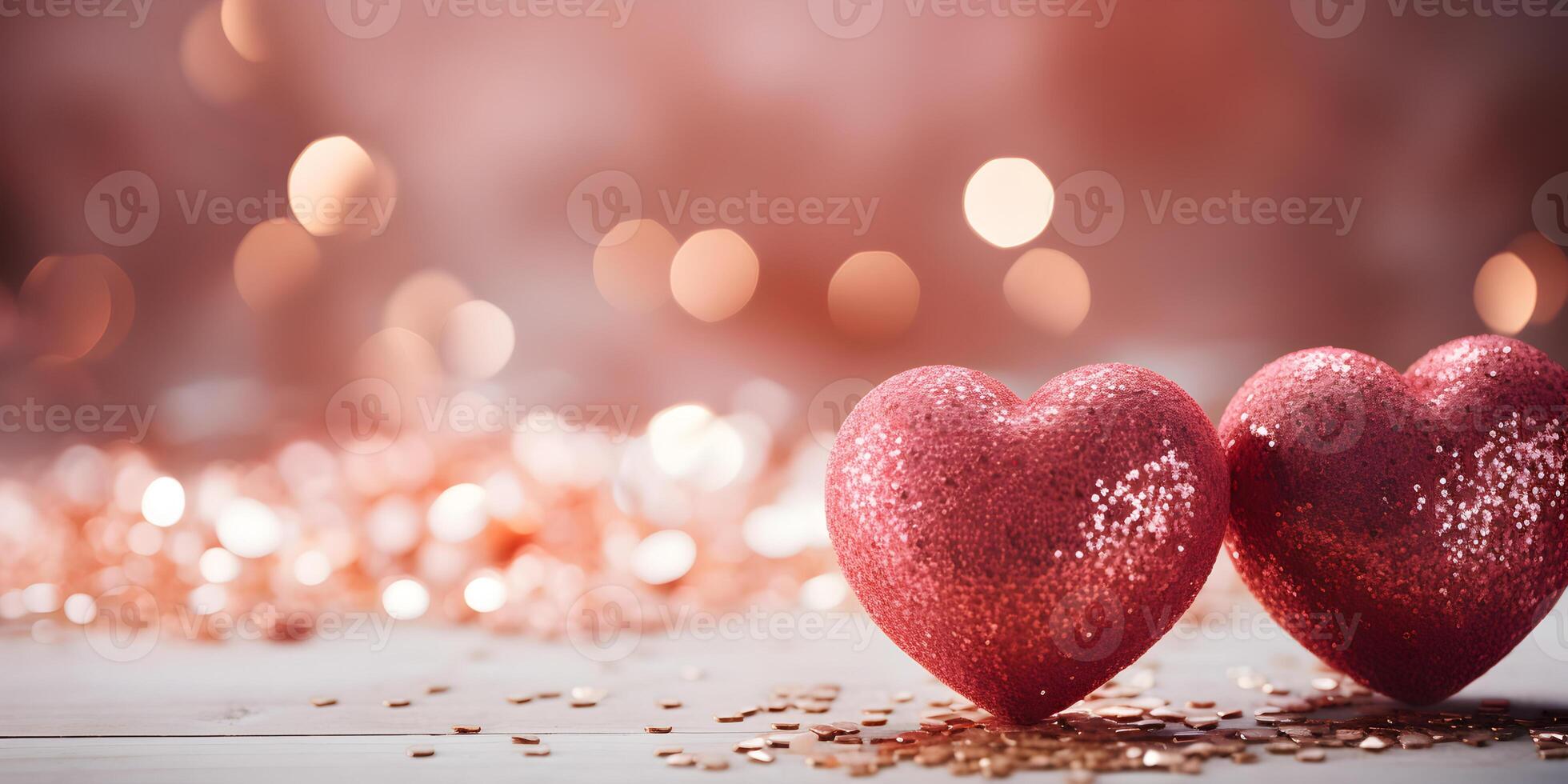 ai gegenereerd feestelijk valentijnsdag achtergrond met glinsterend pastel roze harten decoratie en confetti. valentijn, moeders, vrouwen dag, bruiloft of verjaardag banier concept met kopiëren ruimte. foto