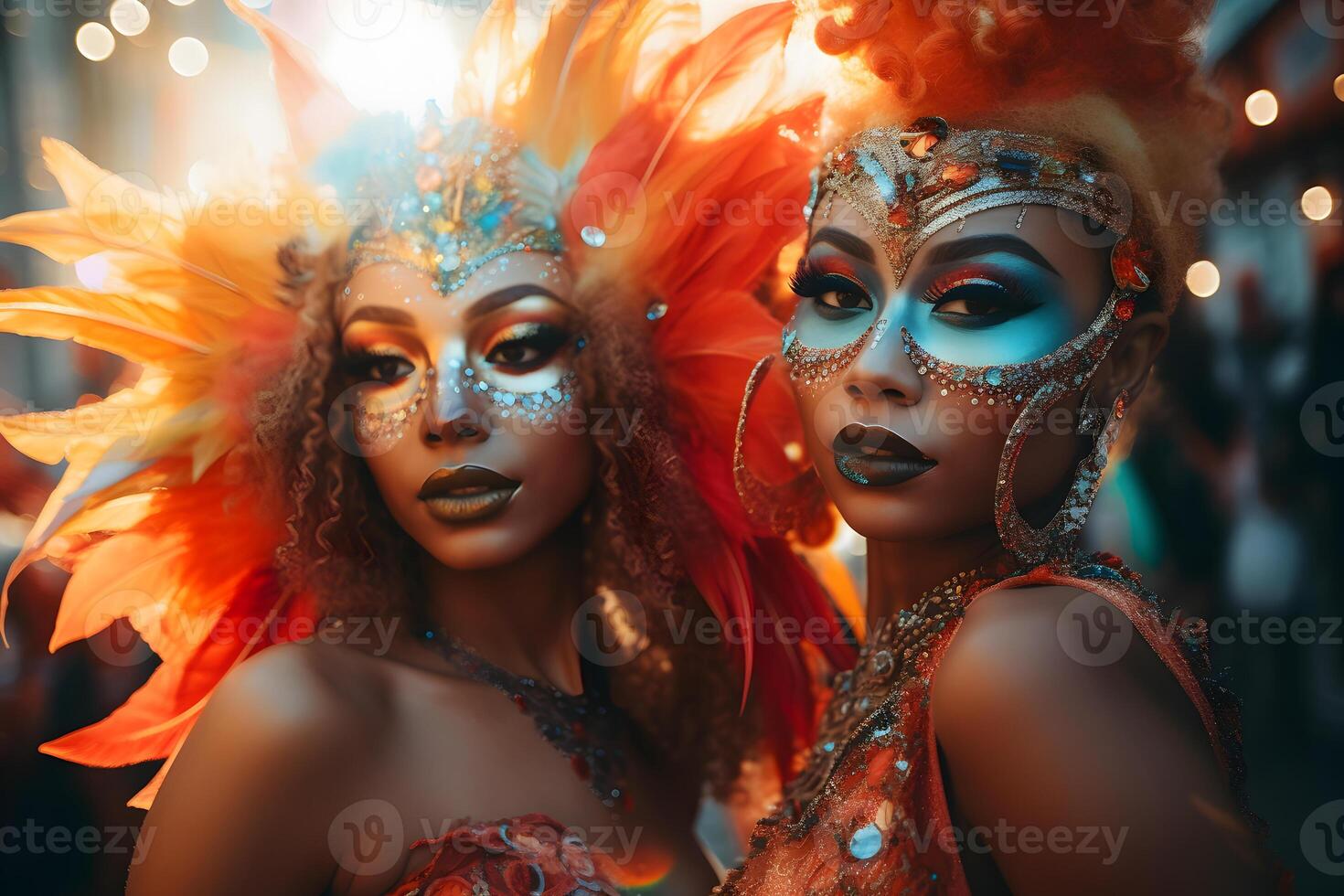 ai gegenereerd mooi detailopname portret van twee jong dames in traditioneel samba dans kleding en bedenken voor de braziliaans carnaval. Rio de Janeiro festival in Brazilië. foto