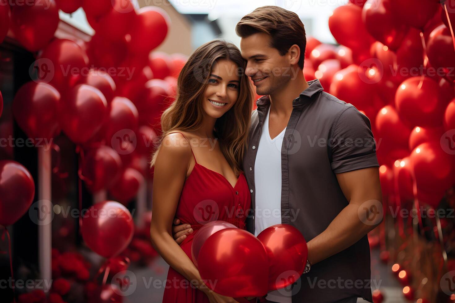 ai gegenereerd jong paar Aan de straat met rood ballonnen achtergrond. valentijnsdag dag, verjaardag of een aanbod van huwelijk viering. foto