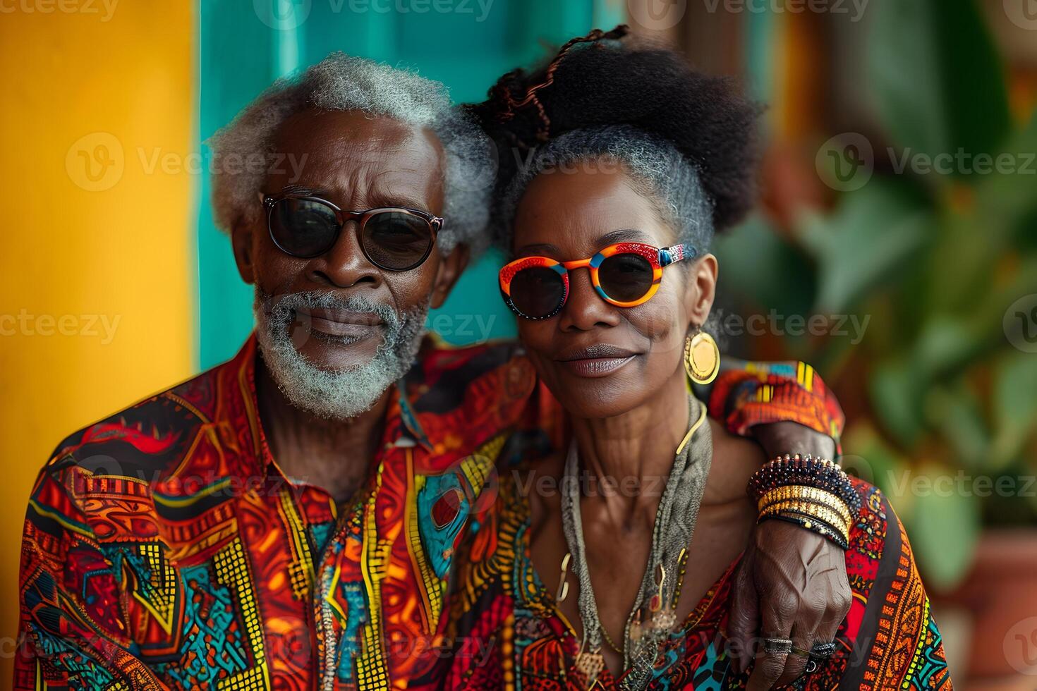 ai gegenereerd zwart geschiedenis maand banier met Afro-Amerikaans ouderen paar portret in nationaal kleren over- rood geel groen achtergrond. juneteenth vrijheid dag viering, Afrikaanse bevrijding dag. foto