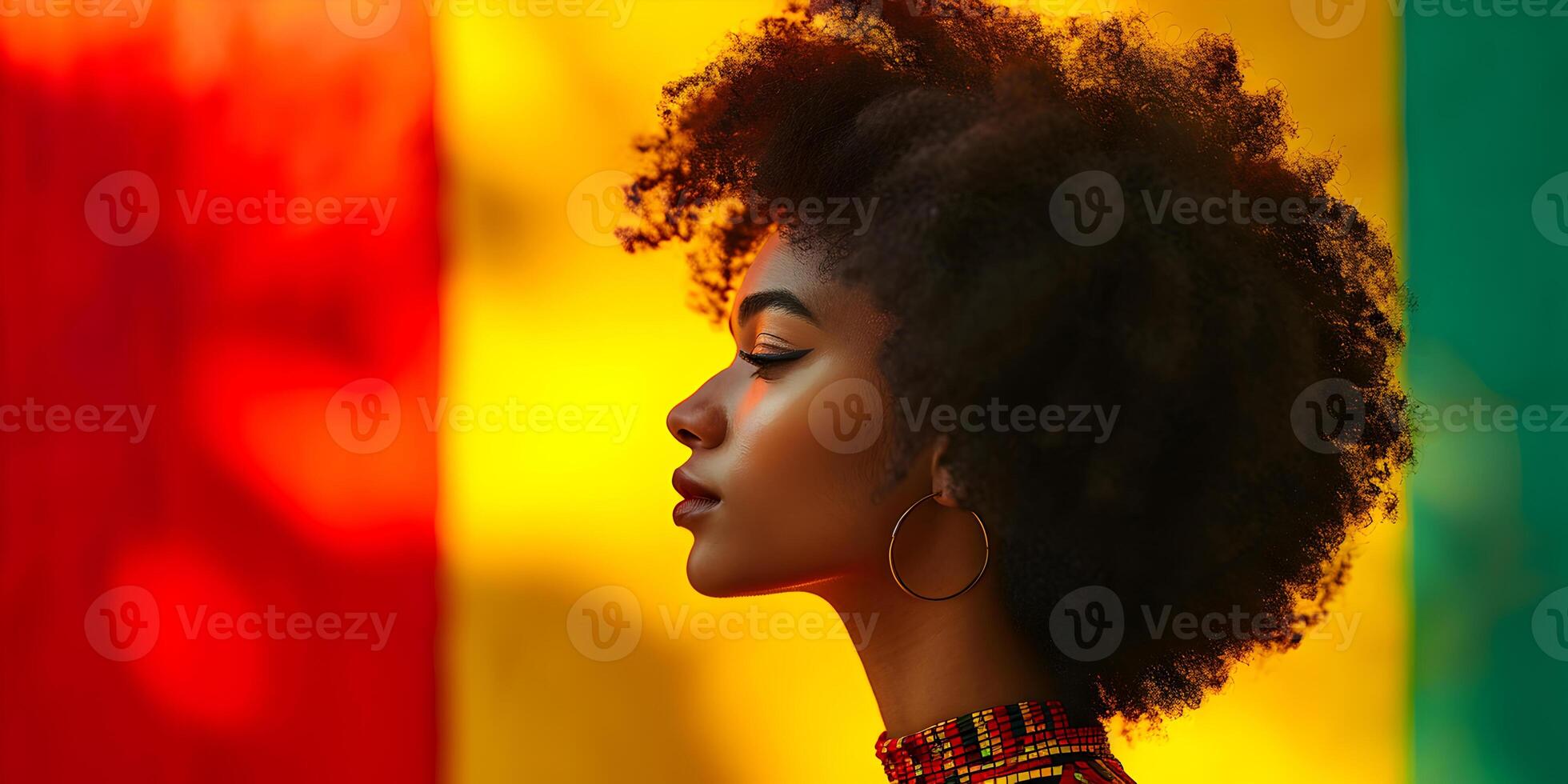 ai gegenereerd zwart geschiedenis maand banier met Afro-Amerikaans vrouw portret in profiel over- rood geel groen zwart kleuren achtergrond. juneteenth vrijheid dag viering, Afrikaanse bevrijding dag. foto
