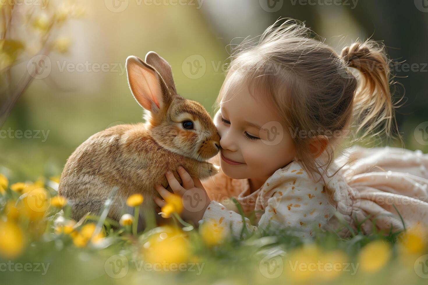 ai gegenereerd schattig weinig meisje met konijn, konijn Bij de voorjaar weide met bloemen. Pasen vakantie concept. foto