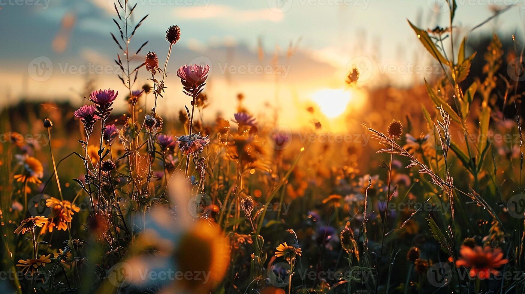 ai gegenereerd bloemen weiden veld- groen fabriek zonsondergang. natuur en landschap reizen. seizoen zomer. stijl vintage. foto
