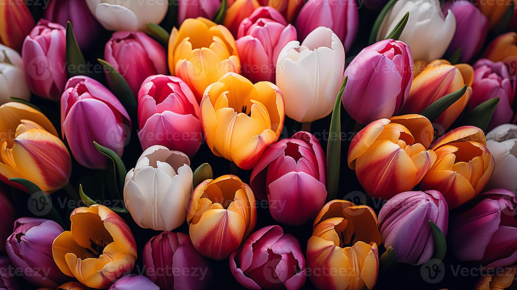 ai gegenereerd detailopname kleurrijk tulp bloem veld- top visie, voorjaar seizoen gelukkig Pasen foto