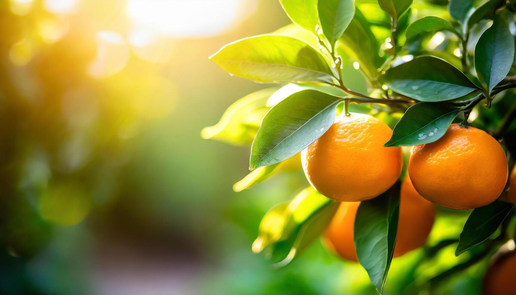 ai gegenereerd citrus takken met biologisch rijp vers sinaasappels mandarijnen groeit Aan takken met groen vertrekken achtergrond foto