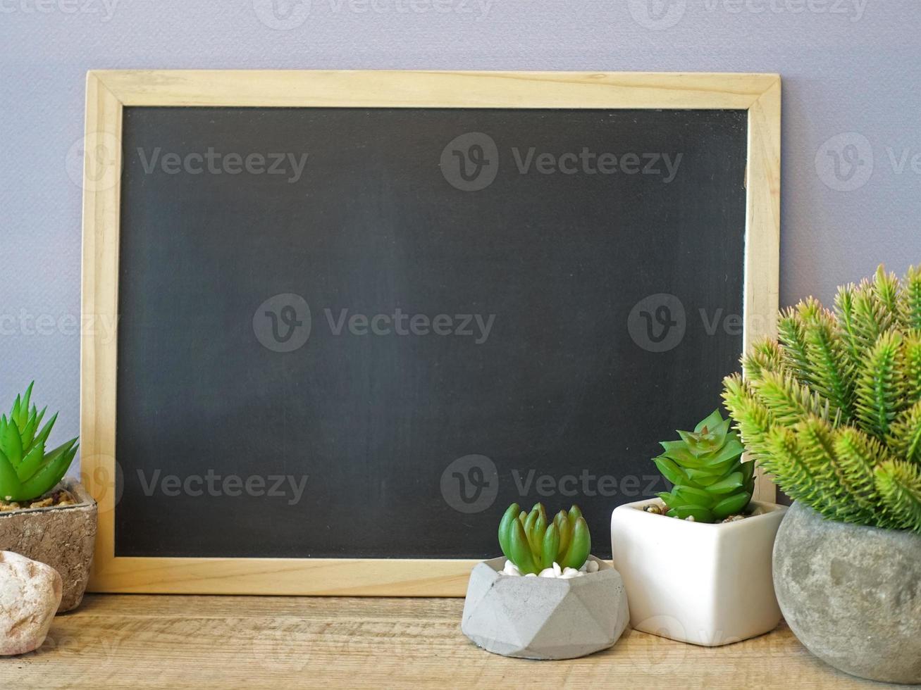 mock-up schoolbord en groene cactus foto