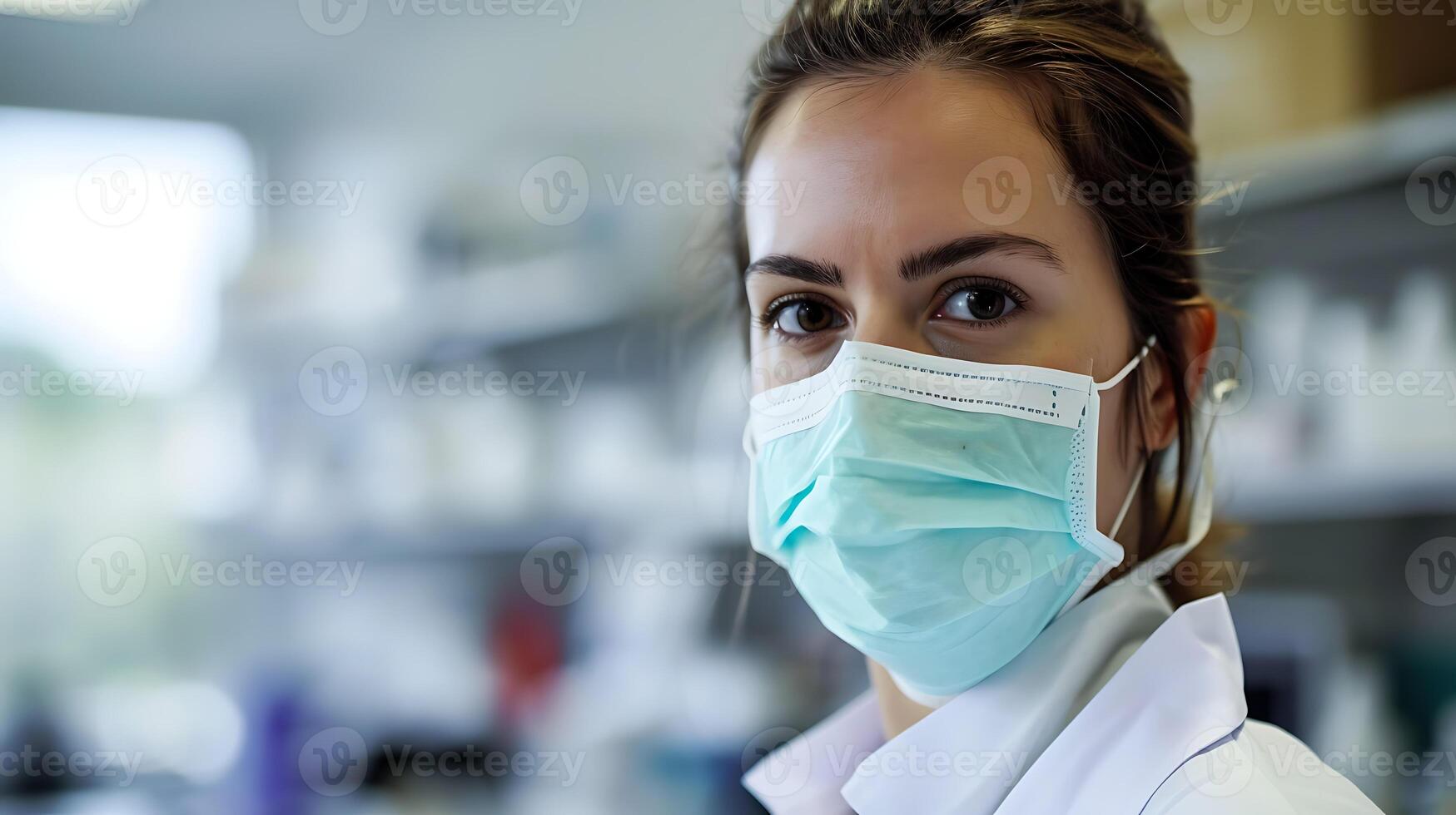 ai gegenereerd medisch Onderzoek laboratorium, portret van een vrouw wetenschapper in gezicht masker foto