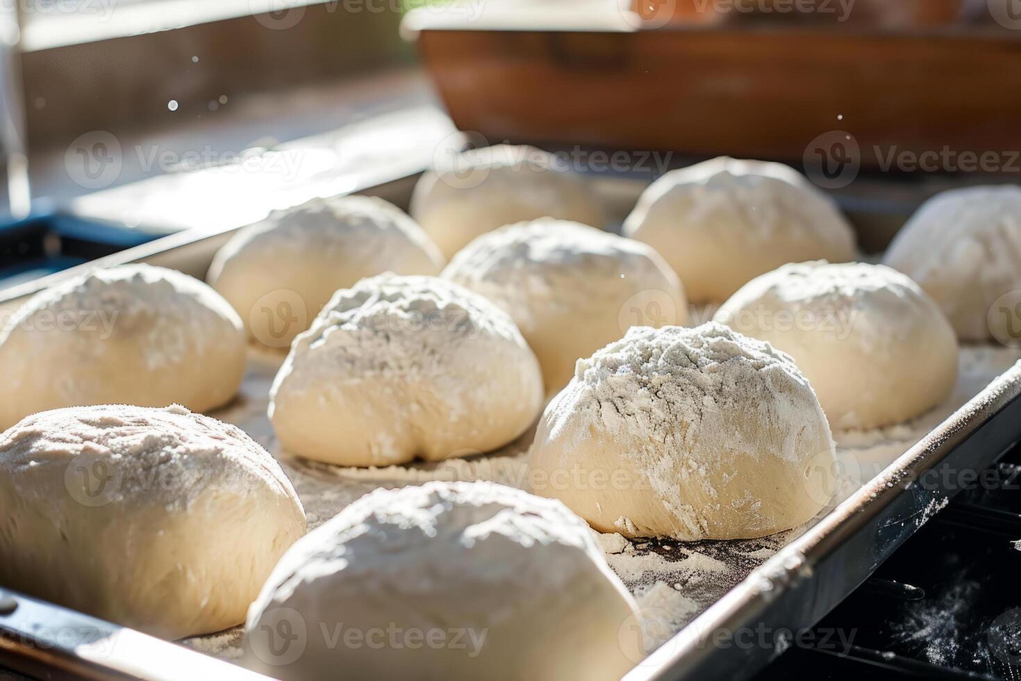 ai gegenereerd rauw gist deeg ballen in dienblad voordat bakken. concept huis bakken brood. generatief ai foto