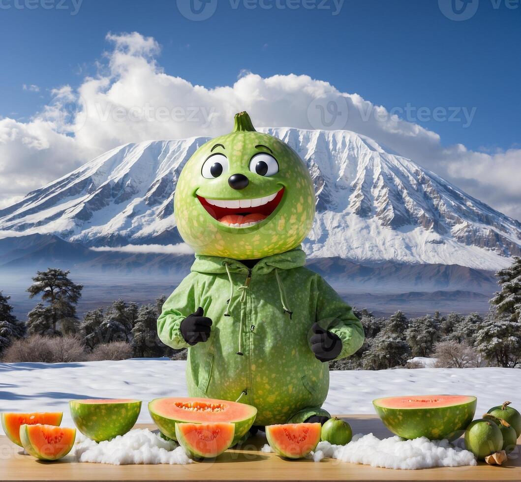 ai gegenereerd grappig watermeloen mascotte karakter met meloen en mt. fuji in de achtergrond foto