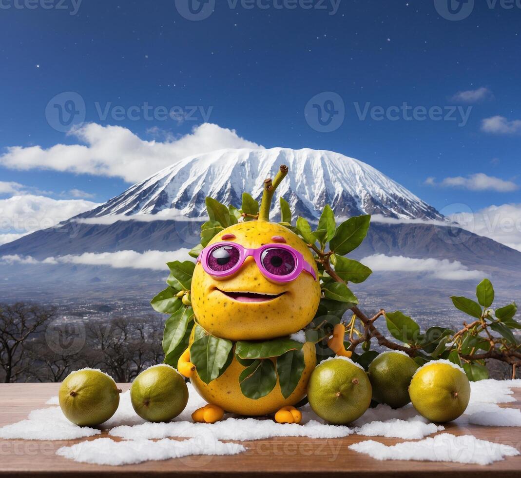 ai gegenereerd grappig passie fruit mascotte karakter met zonnebril en fuji berg in de achtergrond foto