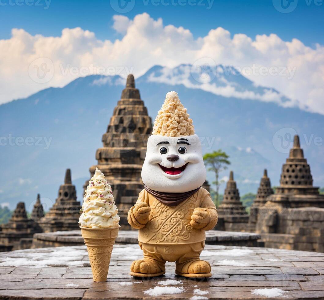 ai gegenereerd grappig ijsje mascotte karakter in een boeddhistisch tempel Bij yogakarta, Java, Indonesië. foto