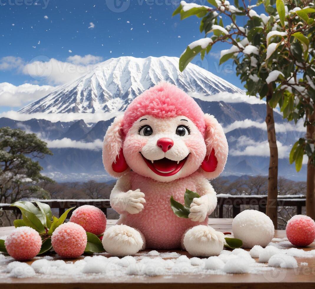 ai gegenereerd schattig speelgoed- hond met lychee en mt. fuji in de achtergrond foto