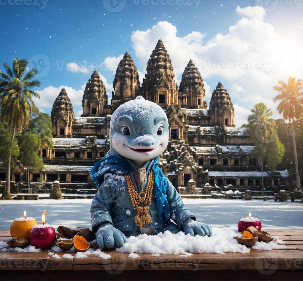 ai gegenereerd dolfijn mascotte karakter in voorkant van Angkor wat, Cambodja foto