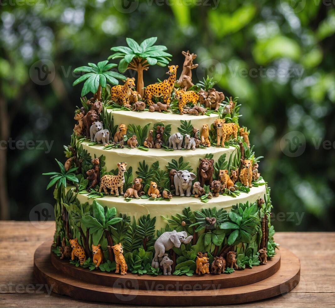 ai gegenereerd bruiloft taart versierd met giraffe, olifant, boom en bladeren foto