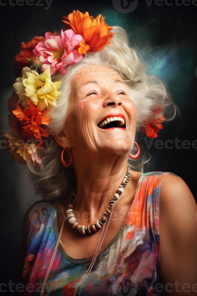ai gegenereerd portret van een vrolijk ouderen vrouw Aan een zwart achtergrond foto
