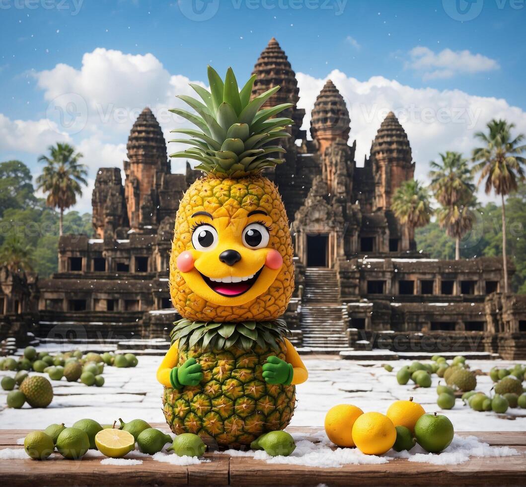 ai gegenereerd ananas mascotte met gezicht gemaakt van vers fruit in voorkant van Angkor wat, Cambodja foto