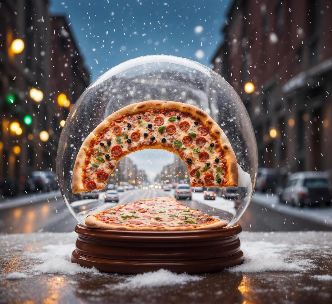 ai gegenereerd pizza in een sneeuw wereldbol Aan de achtergrond van de stad. foto