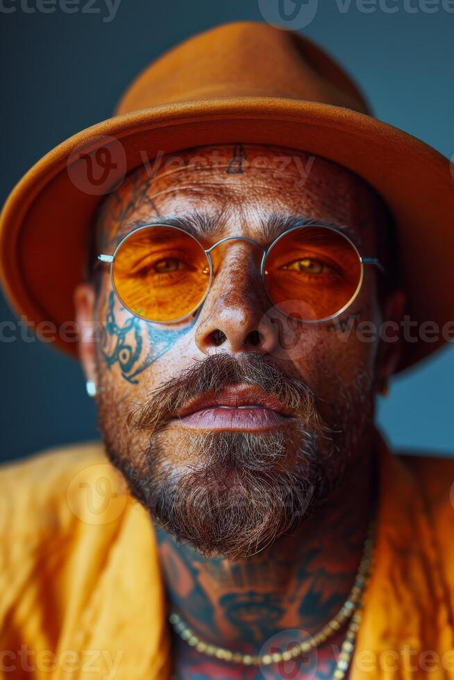 ai gegenereerd portret van een Mens met tatoeages Aan zijn gezicht in oranje kleren en bril Aan een donker achtergrond foto