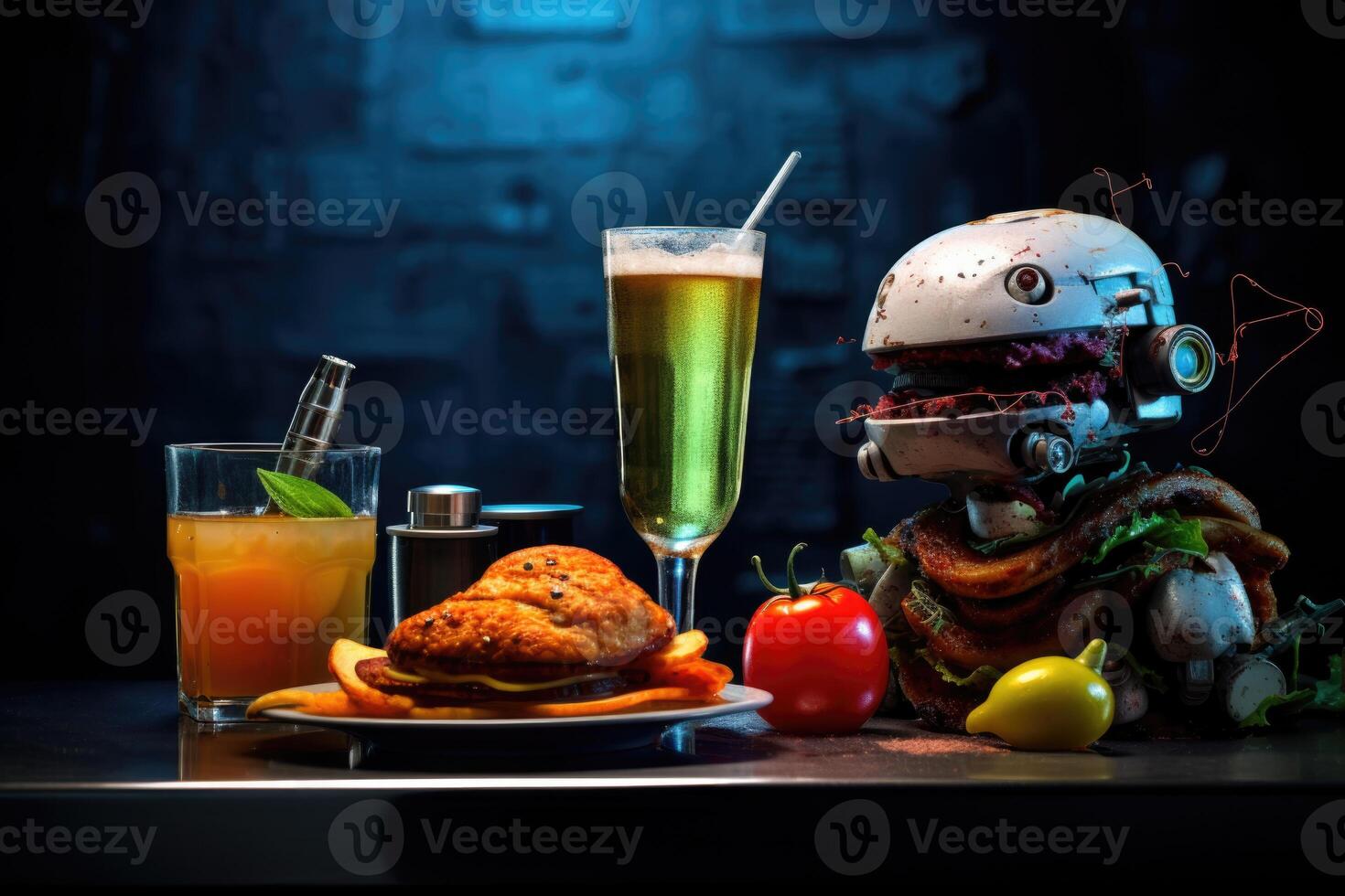 ai gegenereerd de robot is zittend Bij een reeks van bier en hamburger en andere snacks Aan de tafel. donker achtergrond, snel voedsel foto