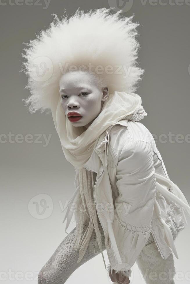 ai gegenereerd portret van een albino Afrikaanse meisje met wit haar- detailopname foto