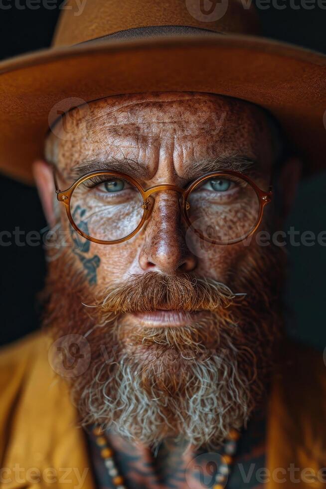 ai gegenereerd portret van een Mens met tatoeages Aan zijn gezicht in oranje kleren en bril Aan een donker achtergrond foto
