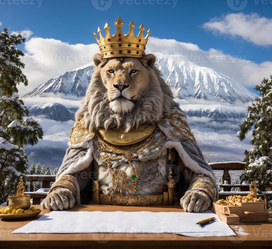 ai gegenereerd leeuw koning met gouden kroon zittend Aan houten tafel en schrijven brief in voorkant van monteren fuji foto