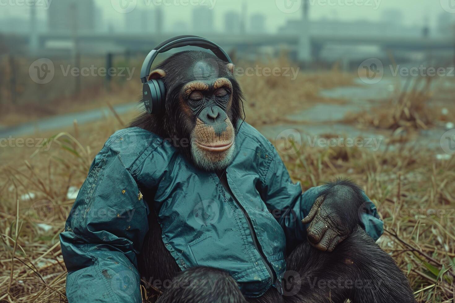 ai gegenereerd een chimpansee aap met musical hoofdtelefoons is zittend buiten foto