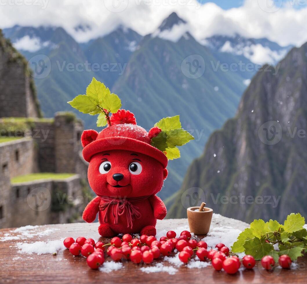 ai gegenereerd schattig rode bes mascotte karakter Aan de achtergrond van machu picchu, Peru, zuiden Amerika. foto