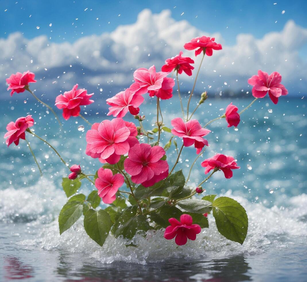 ai gegenereerd mooi roze bloemen in de water Aan een achtergrond van blauw lucht foto