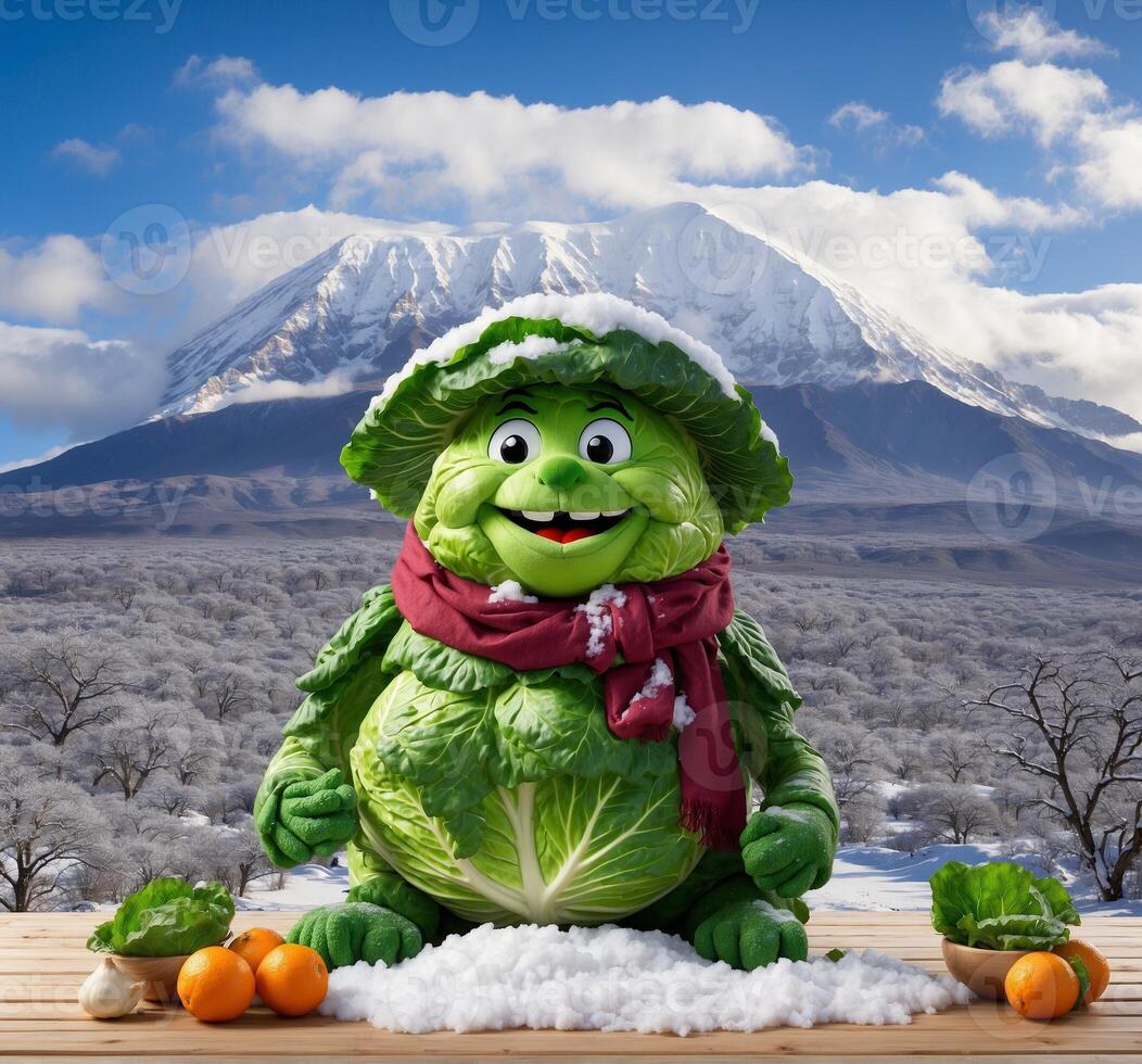 ai gegenereerd schattig groente kool karakter in de sneeuw met mt. fuji in de achtergrond foto