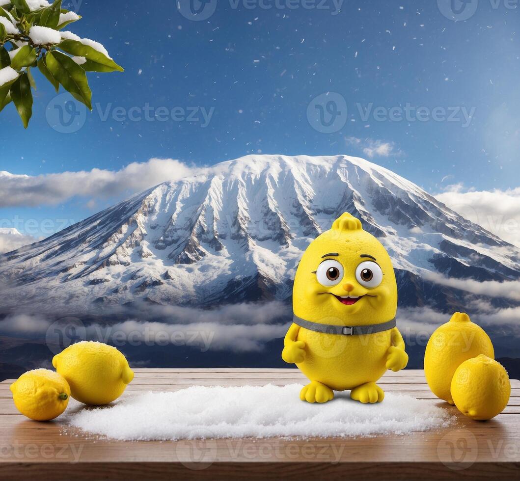 ai gegenereerd citroen mascotte in de sneeuw met mt fuji in de achtergrond. foto