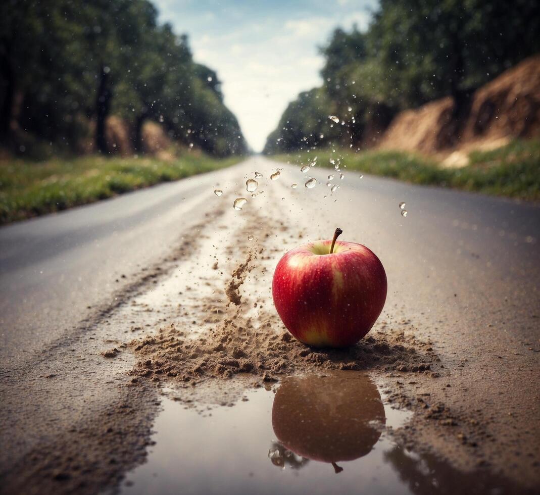 ai gegenereerd rood appel vallend in de nat asfalt weg met water druppels. conceptuele beeld foto