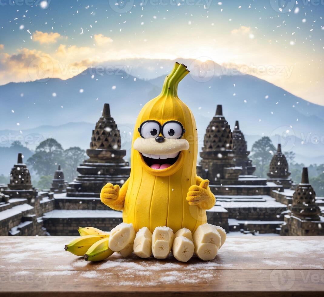 ai gegenereerd banaan mascotte Aan houten tafel met Bali achtergrond. foto