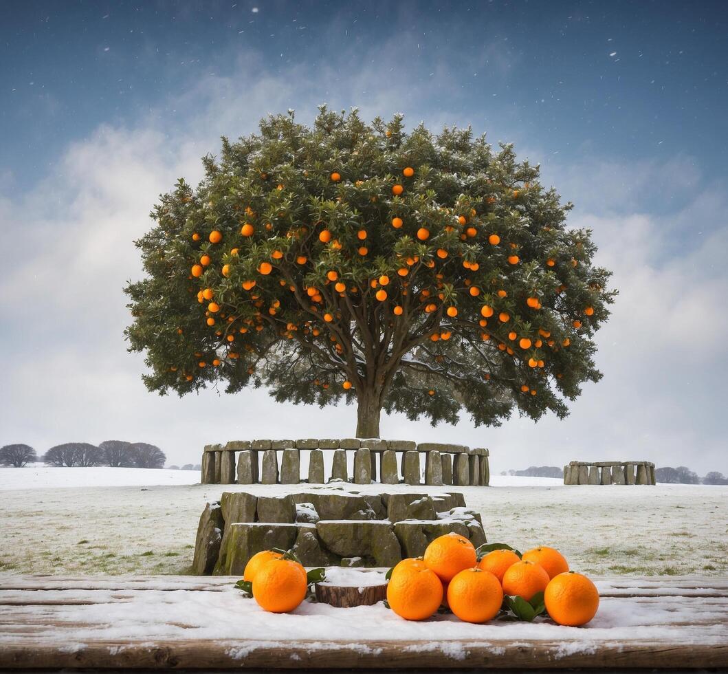 ai gegenereerd oranje boom met mandarijnen Aan besneeuwd weide in winter seizoen foto