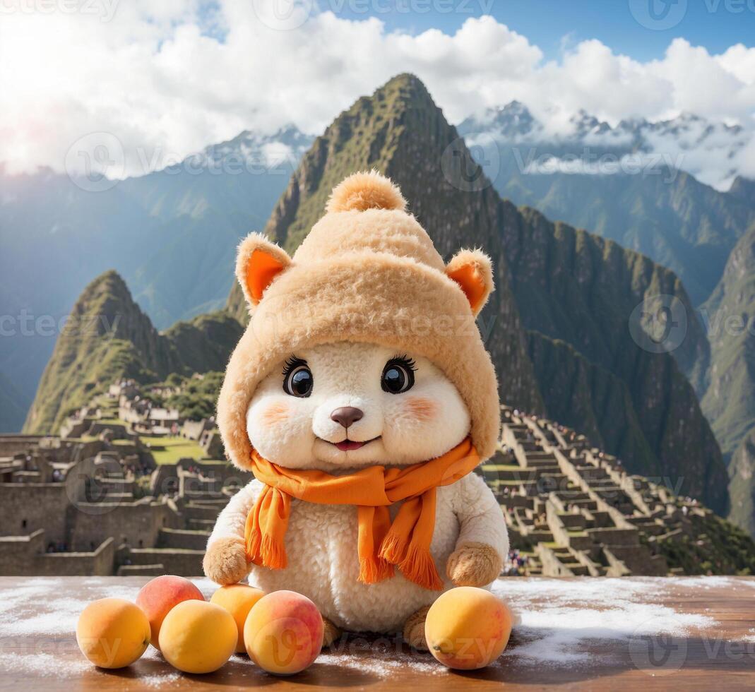 ai gegenereerd schattig teddy beer met abrikozen Aan de achtergrond van machu Picchu foto