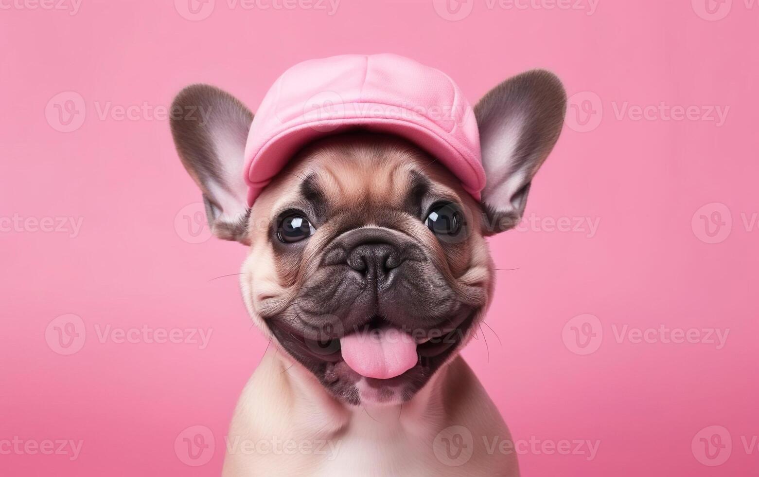 ai gegenereerd gelukkig Frans bulldog pup, tong uit, met roze pet geïsoleerd Aan warm roze achtergrond. ai generatief. foto