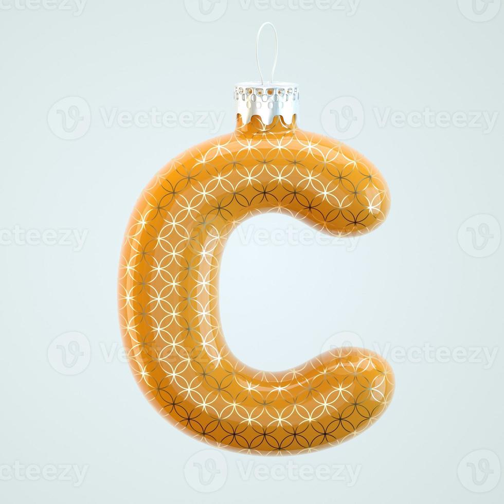 oranje letter c kerst speelgoed met gouden patroon geïsoleerde witte achtergrond 3d render foto