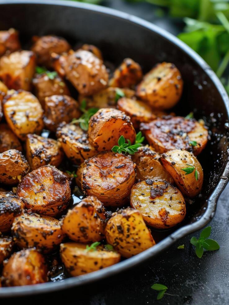 ai gegenereerd geroosterd baby aardappelen in ijzer pan. foto