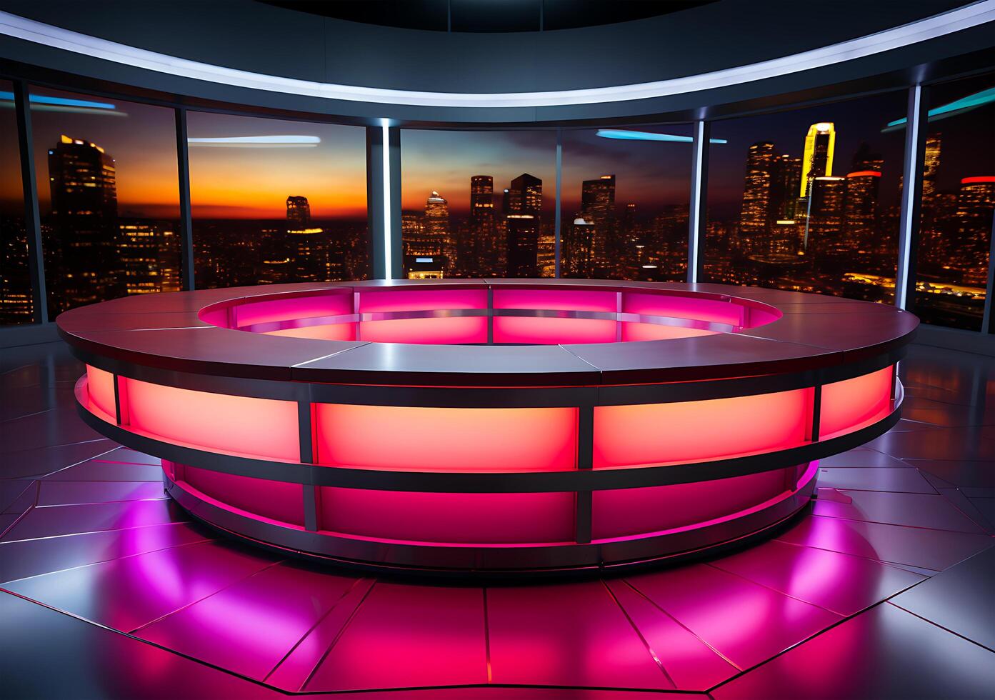 ai gegenereerd een kleurrijk roze geel Purper en rood nieuws studio kamer tafel ontwerp foto