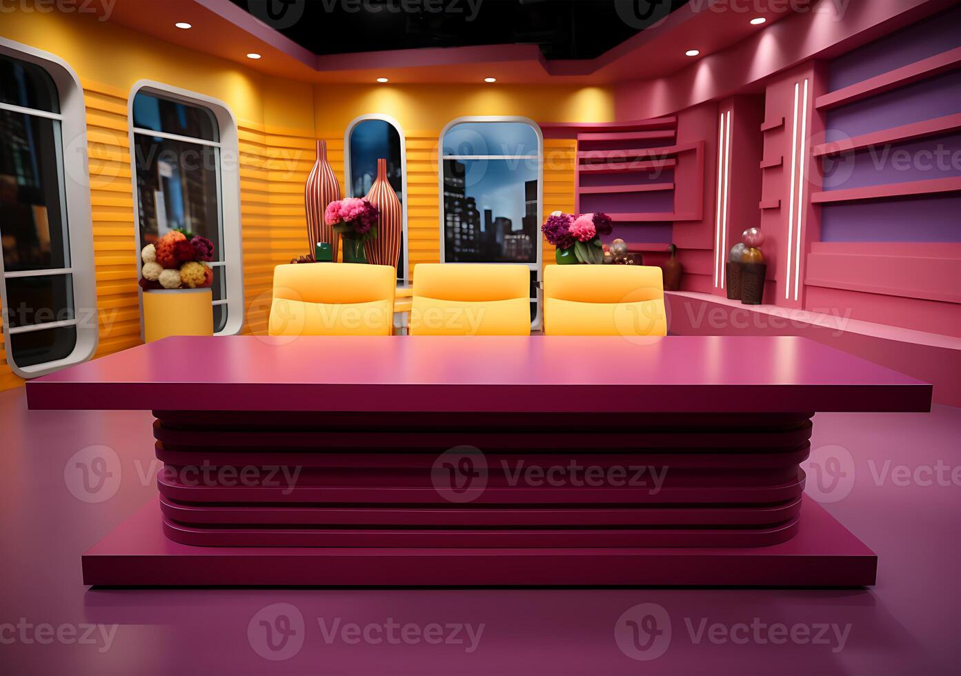 ai gegenereerd een kleurrijk roze geel Purper en rood nieuws studio kamer tafel ontwerp foto