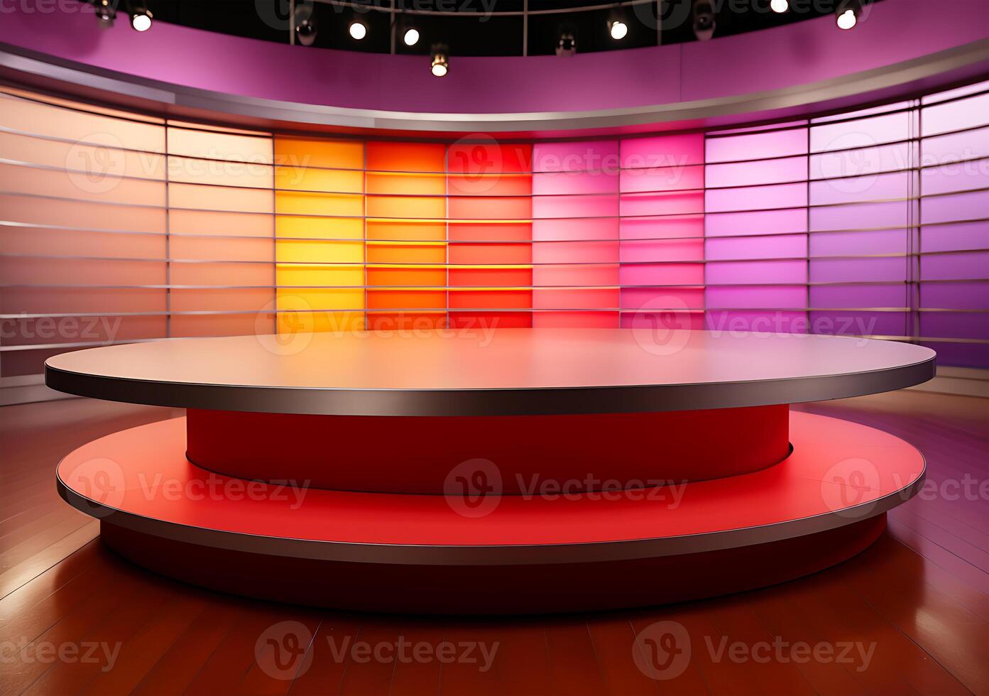 ai gegenereerd een kleurrijk roze geel Purper en rood nieuws studio kamer tafel ontwerp foto