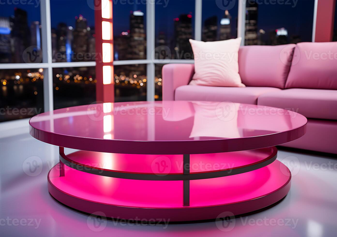 ai gegenereerd een kleurrijk roze geel Purper en rood nieuws studio kamer tafel ontwerp foto