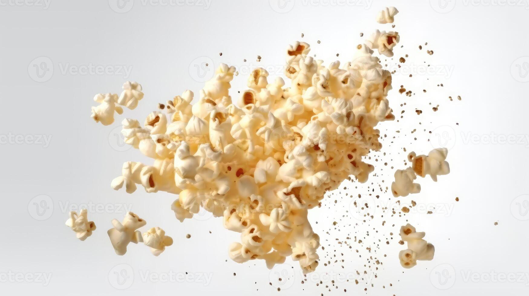 ai gegenereerd vallend popcorn plons, geïsoleerd Aan een wit achtergrond. foto