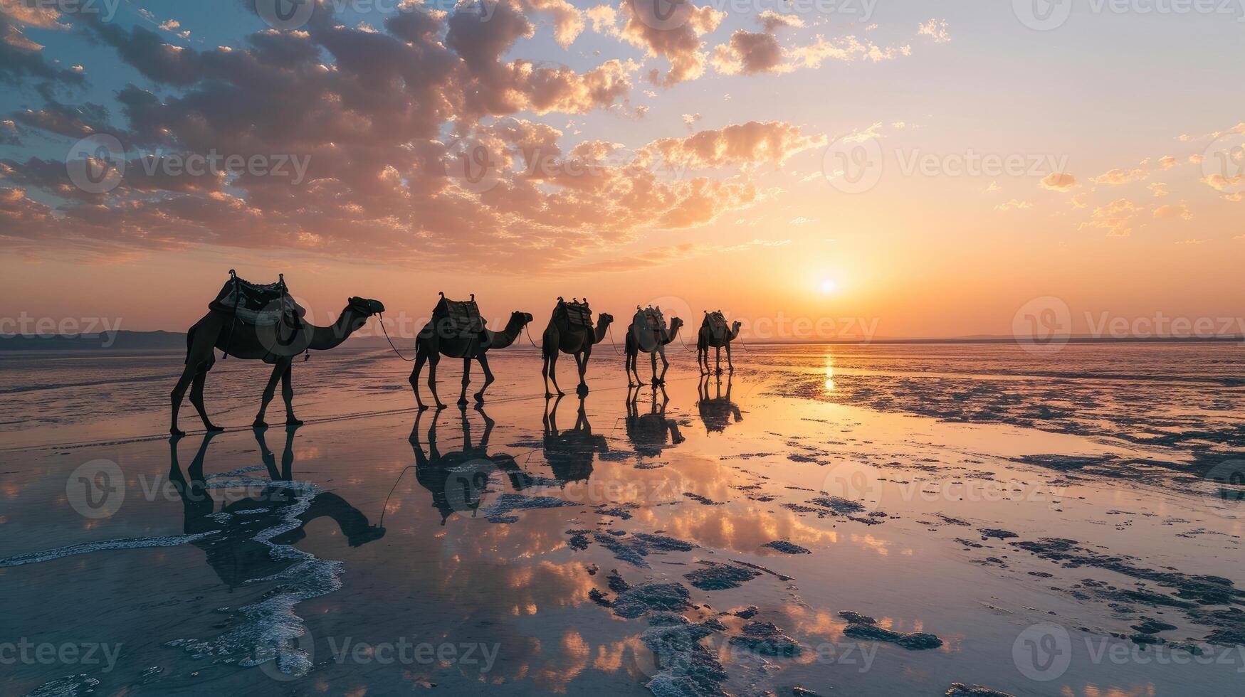 ai gegenereerd caravan van kamelen Aan de zout meer Bij zonsopkomst. foto