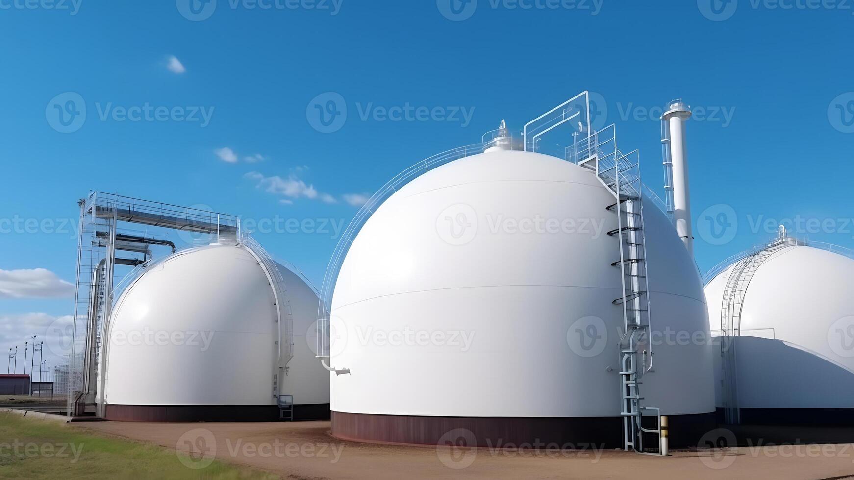 ai gegenereerd wit bolvormig tanks voor opslaan waterstof gas- Bij buitenshuis opslagruimte faciliteit, neurale netwerk gegenereerd beeld foto