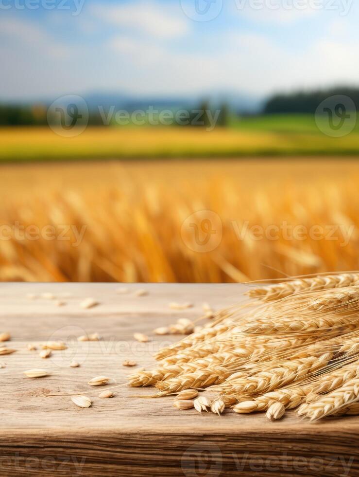 ai gegenereerd leeg houten tafel in voorkant van gouden oren van tarwe achtergrond foto