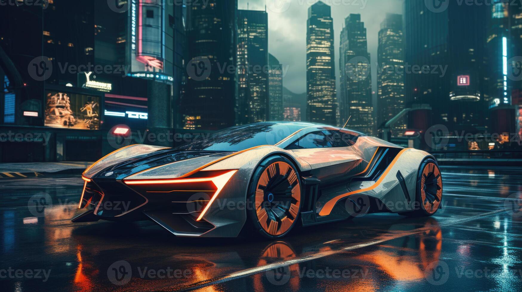 ai gegenereerd een futuristische elektrisch auto Aan een stad straat. een concept van de toekomst foto