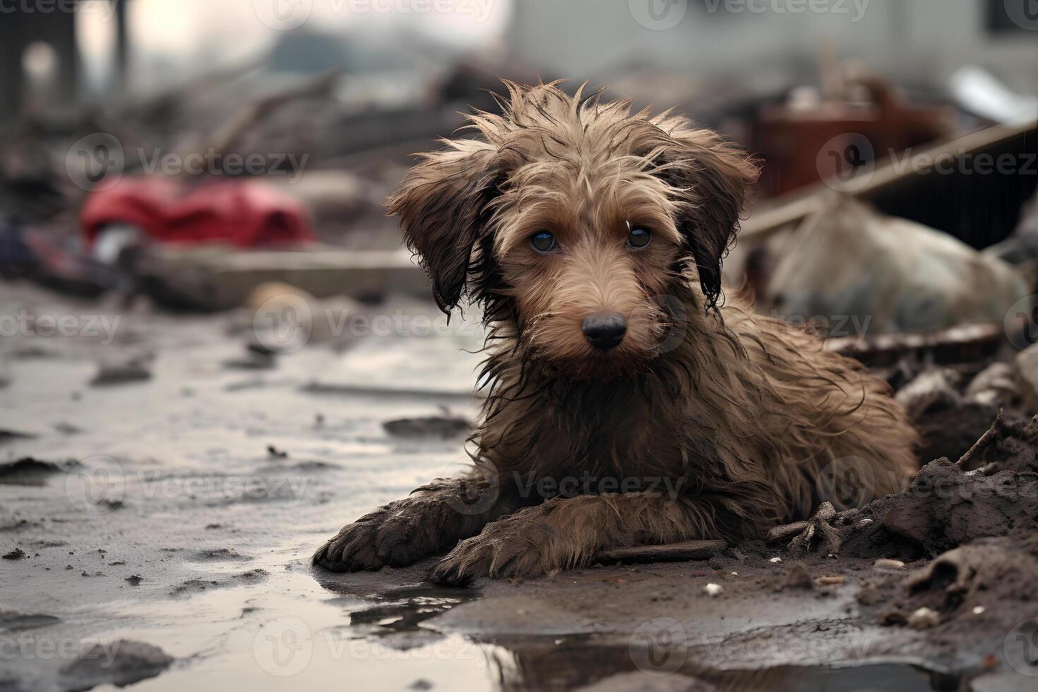 ai gegenereerd alleen en hongerig huiselijk puppy na ramp Aan de achtergrond van huis puin, neurale netwerk gegenereerd beeld foto